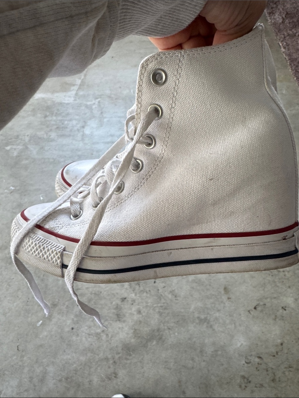 Converse White High-Top Lace-Up Wedge Boots with Red and Black Stripes